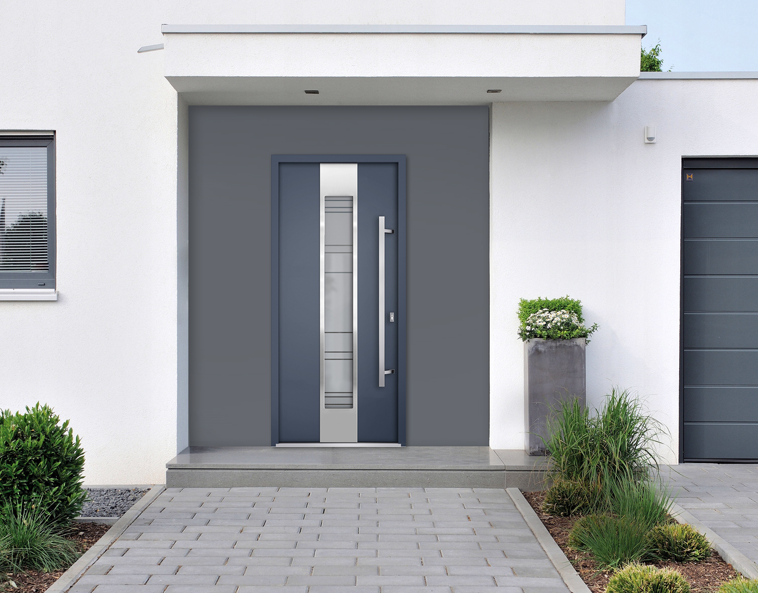 Front Exterior Prehung Steel Door / Deux 0757 Gray Graphite / Stainless  Inserts Single Modern Painted