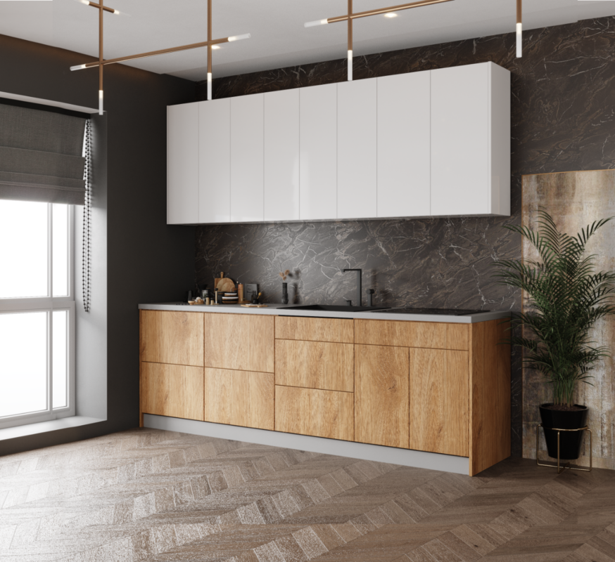 Wallkitchens Kitchen Fusion Collection Natural Teak & White Gloss
