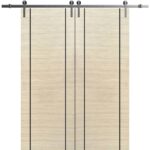 Sliding Double Barn Doors with Hardware | Planum 0017 Natural Veneer and Aluminum Strips | 13FT Rail Hangers Sturdy Set (Silver) | Modern Solid Panel Interior Hall Bedroom Bathroom Door- (2* )