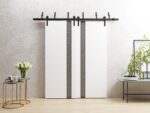 Sliding Closet Barn Bypass Doors | Planum 0333 White Silk with Black Inserts and Frosted Glass | 6.6ft Rails Hardware Set | Wood Solid Bedroom Wardrobe Doors - Image 2