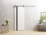 Barn Door | Planum 0333 White Silk with Black Inserts and Frosted Glass | 6.6FT Silver Rail Track Hardware Set | Solid Panel Interior Doors - Image 2