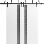 Sliding Closet Barn Bypass Doors | Planum 0333 White Silk with Black Inserts and Frosted Glass | 6.6ft Rails Hardware Set | Wood Solid Bedroom Wardrobe Doors