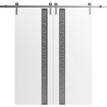 Double Barn Door | Planum 0333 White Silk with Black Inserts and Frosted Glass | 13FT Silver Rail Track Set | Solid Panel Interior Doors