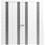 Sliding Closet Double Bi-fold Doors | Planum 0333 White Silk with Black Inserts and Frosted Glass | Tracks Trims Hardware Set | Wood Solid Bedroom Wardrobe Doors