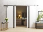 Double Barn Door | Planum 0333 White Silk with Black Inserts and Frosted Glass | 13FT Silver Rail Track Set | Solid Panel Interior Doors - Image 2