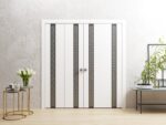 Sliding Closet Double Bi-fold Doors | Planum 0333 White Silk with Black Inserts and Frosted Glass | Tracks Trims Hardware Set | Wood Solid Bedroom Wardrobe Doors - Image 2
