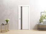 Sliding Pocket Door | Planum 0333 White Silk with Black Inserts and Frosted Glass | Kit Rail Hardware | Solid Wood Interior Bedroom Doors - Image 2