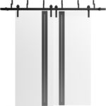Sliding Closet Barn Bypass Doors | Planum 0444 White Silk with Black Inserts and Frosted Glass | 6.6ft Rails Hardware Set | Wood Solid Bedroom Wardrobe Doors