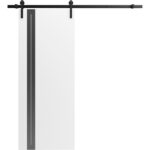 Barn Door | Planum 0444 White Silk with Black Inserts and Frosted Glass | 8FT Rail Track Hardware Set | Solid Panel Interior Doors