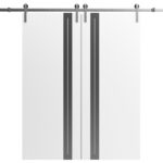 Double Barn Door | Planum 0444 White Silk with Black Inserts and Frosted Glass | 13FT Silver Rail Track Set | Solid Panel Interior Doors