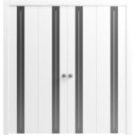 Sliding Closet Double Bi-fold Doors | Planum 0444 White Silk with Black Inserts and Frosted Glass | Tracks Trims Hardware Set | Wood Solid Bedroom Wardrobe Doors