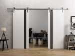 Double Barn Door | Planum 0444 White Silk with Black Inserts and Frosted Glass | 13FT Silver Rail Track Set | Solid Panel Interior Doors - Image 2