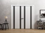 Sliding Closet Double Bi-fold Doors | Planum 0444 White Silk with Black Inserts and Frosted Glass | Tracks Trims Hardware Set | Wood Solid Bedroom Wardrobe Doors - Image 2