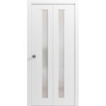 Sliding Closet Bi-fold Doors | Planum 0660 Painted White with Frosted Glass | Sturdy Tracks Moldings Trims Hardware Set | Wood Solid Bedroom Wardrobe Doors