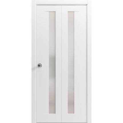 Sliding Closet Bi-fold Doors | Planum 0660 Painted White with Frosted Glass | Sturdy Tracks Moldings Trims Hardware Set | Wood Solid Bedroom Wardrobe Doors