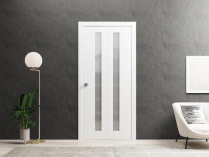 Sliding Closet Bi-fold Doors | Planum 0660 Painted White with Frosted Glass | Sturdy Tracks Moldings Trims Hardware Set | Wood Solid Bedroom Wardrobe Doors