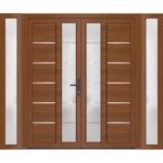 Front Exterior Prehung Metal - Plastic Double Doors / MANUX 8088 Walnut / 2 Sidelites Exterior WindoWLN / Office Commercial and Residential Doors Entrance Patio Garage