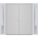 Front Exterior Prehung Metal - Plastic Double Doors / MANUX 8111 White Silk / 2 Sidelites Exterior Windows / Office Commercial and Residential Doors Entrance Patio Garage