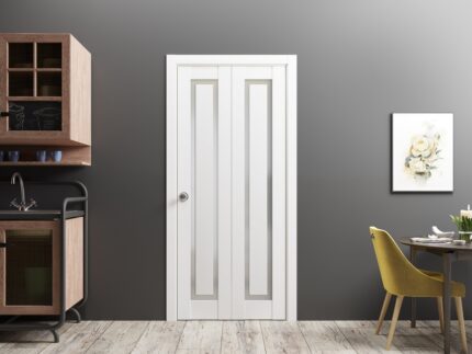 Sliding Closet Bi-fold Doors | Planum 0888 Painted White with Frosted Glass | Sturdy Tracks Moldings Trims Hardware Set | Wood Solid Bedroom Wardrobe Doors