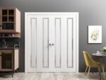 Sliding Closet Double Bi-fold Doors | Planum 0888 Painted White with Frosted Glass | Sturdy Tracks Moldings Trims Hardware Set | Wood Solid Bedroom Wardrobe Doors - Image 2