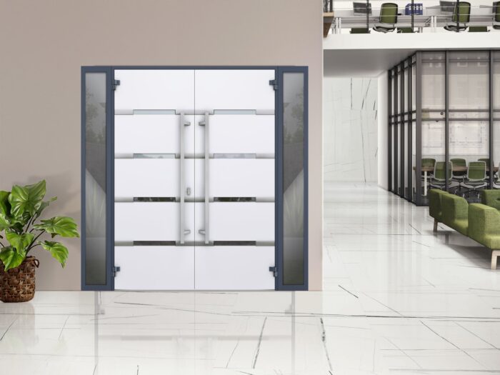 Front Exterior Prehung Steel Double Doors / Deux 1105 Gray Graphite / 2 Sidelight Exterior Windows / Stainless Inserts Single Modern Painted - Image 4