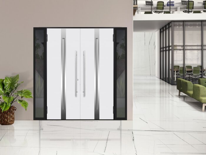 Front Exterior Prehung Steel Double Doors / Deux 1713 Natural Oak / 2 Black Sidelight Exterior Windows / Stainless Inserts Single Modern Painted - Image 3
