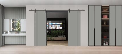 Modern Double Barn Door | BASIC 0111 Dove Grey | 13FT Rail Track Set | Solid Panel Interior Doors