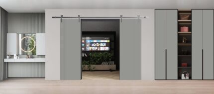 Modern Double Barn Door | BASIC 0111 Dove Grey | 13FT Silver Rail Track Set | Solid Panel Interior Doors