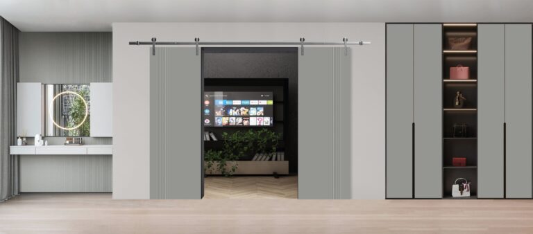Modern Double Barn Door | BASIC 0111 Dove Grey | 13FT Silver Rail Track Set | Solid Panel Interior Doors