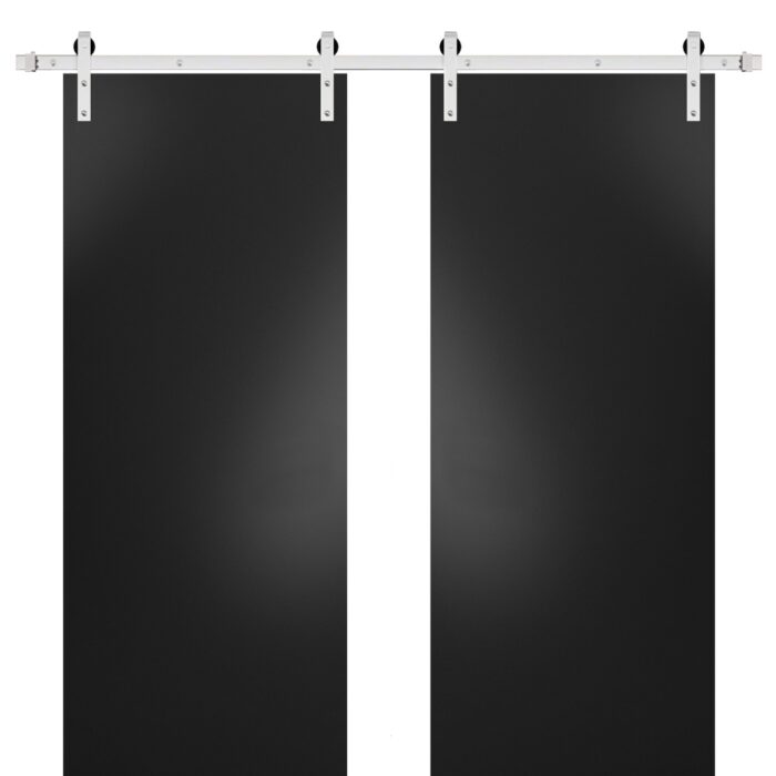 Sturdy Double Barn Door with Hardware | Planum 0010 Matte Black | Silver 13FT Rail Hangers Heavy Set | Modern Solid Panel Interior Doors - Image 1