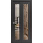 Sliding Closet Bi-fold Doors | Lucia 2166 Matte Black with Clear Glass | Sturdy Tracks Moldings Trims Hardware Set | Wood Solid Bedroom Wardrobe Doors