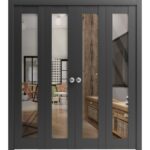 Sliding Closet Double Bi-fold Doors | Lucia 2166 Matte Black with Clear Glass | Sturdy Tracks Moldings Trims Hardware Set | Wood Solid Bedroom Wardrobe Doors