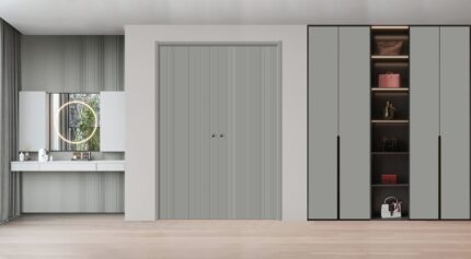 Sliding Closet Double Bi-fold Doors | BASIC 0111 Dove Grey | Sturdy Tracks Moldings Trims Hardware Set | Wood Solid Bedroom Wardrobe Doors