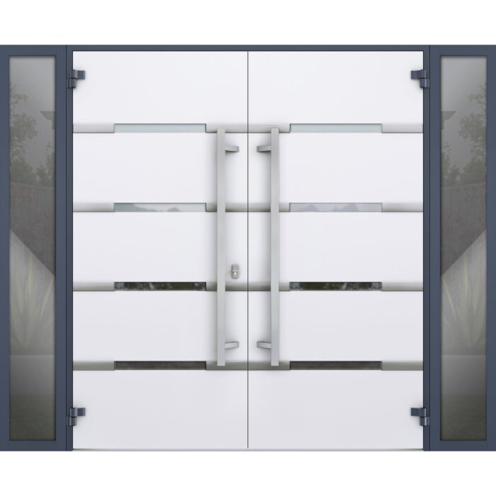 Front Exterior Prehung Steel Double Doors / Deux 1105 Gray Graphite / 2 Sidelight Exterior Windows / Stainless Inserts Single Modern Painted - Image 2