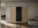 Modern Double Barn Door | BASIC 3001 Caramel Oak | 13FT Silver Rail Track Set | Solid Panel Interior Doors - Image 2