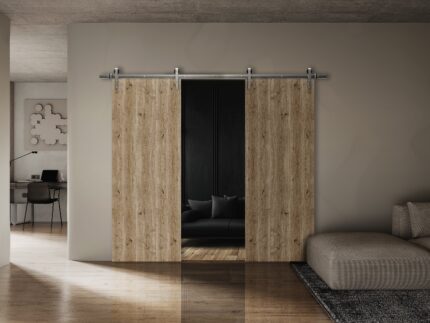 Modern Double Barn Door | BASIC 3001 Caramel Oak | 13FT Silver Rail Track Set | Solid Panel Interior Doors