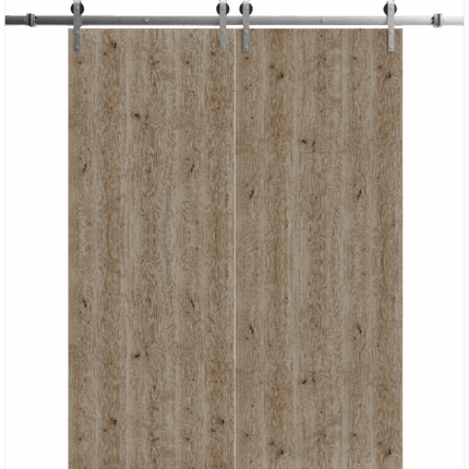 Modern Double Barn Door | BASIC 3001 Caramel Oak | 13FT Silver Rail Track Set | Solid Panel Interior Doors
