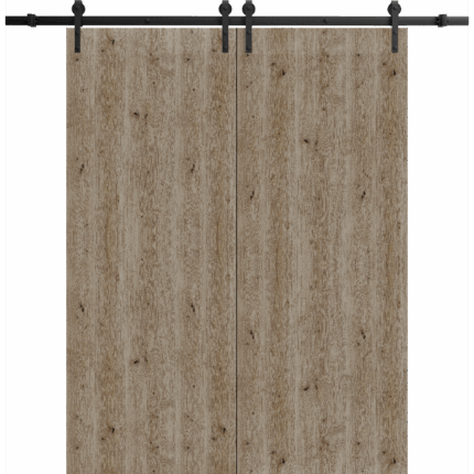 Modern Double Barn Door | BASIC 3001 Caramel Oak | 13FT Rail Track Set | Solid Panel Interior Doors