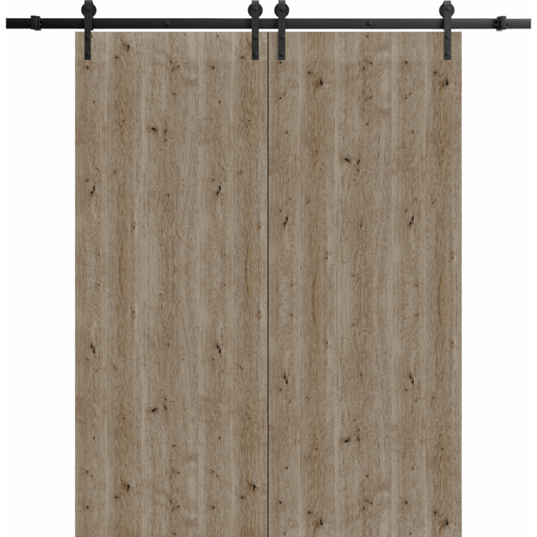 Modern Double Barn Door | BASIC 3001 Caramel Oak | 13FT Rail Track Set | Solid Panel Interior Doors