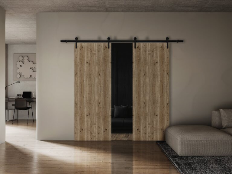 Modern Double Barn Door | BASIC 3001 Caramel Oak | 13FT Rail Track Set | Solid Panel Interior Doors