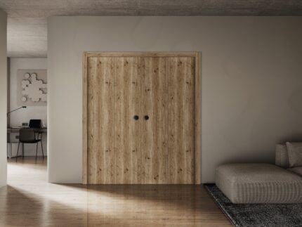 Sliding Closet Double Bi-fold Doors | BASIC 3001 Caramel Oak | Sturdy Tracks Moldings Trims Hardware Set | Wood Solid Bedroom Wardrobe Doors