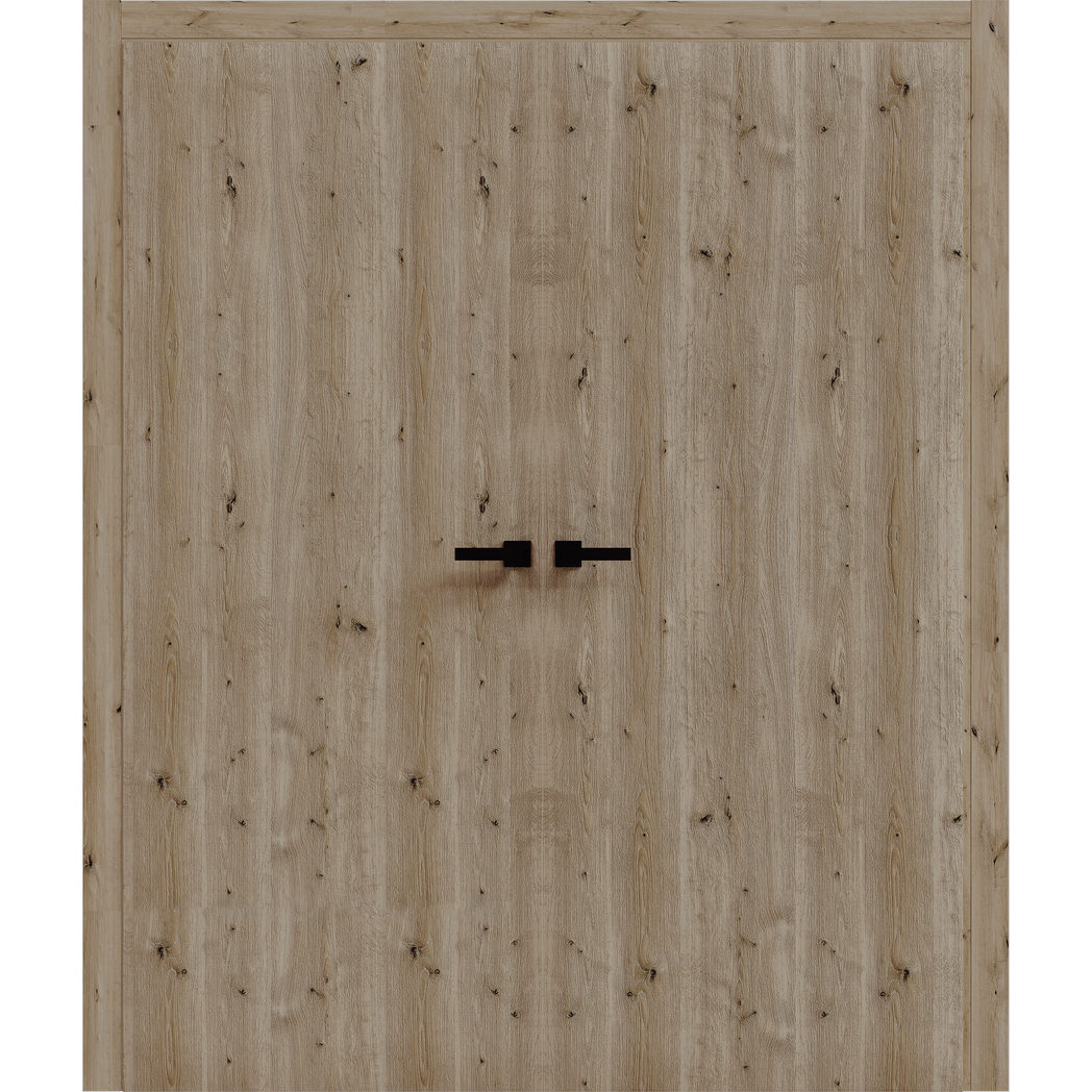 Interior Solid French Double Doors | BASIC 3001 Caramel Oak | Wood Interior Solid Panel Frame | Closet Bedroom Modern Doors