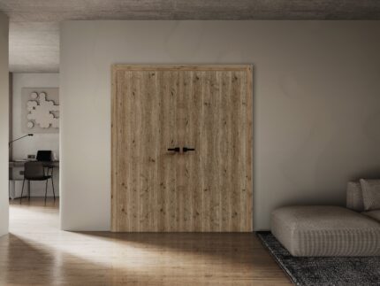 Interior Solid French Double Doors | BASIC 3001 Caramel Oak | Wood Interior Solid Panel Frame | Closet Bedroom Modern Doors