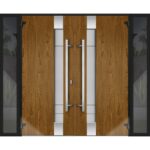 Front Exterior Prehung Steel Double Doors / Deux 1713 Natural Oak / 2 Sidelight Exterior Black Windows / Stainless Inserts Single Modern Painted - Image 2