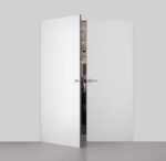 Modern Solid Double Hidden Door with Handle | Planum 0010 Primed with Silver Hidden Frame Left-hand Outswing Silver Frame | Hinges Lock Handle | Modern Wardrobe Wood Solid Doors - Image 3