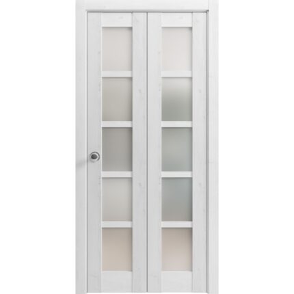 Sliding Closet Bi-fold Doors | Quadro 4002 Nordic White with Frosted Glass | Sturdy Tracks Moldings Trims Hardware Set | Wood Solid Bedroom Wardrobe Doors