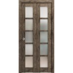 Sliding Closet Bi-fold Doors | Quadro 4002 Cognac Oak with Frosted Glass | Sturdy Tracks Moldings Trims Hardware Set | Wood Solid Bedroom Wardrobe Doors