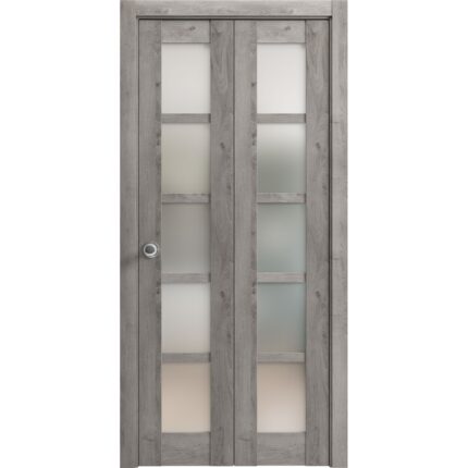 Sliding Closet Bi-fold Doors | Quadro 4002 Nebraska Grey with Frosted Glass | Sturdy Tracks Moldings Trims Hardware Set | Wood Solid Bedroom Wardrobe Doors