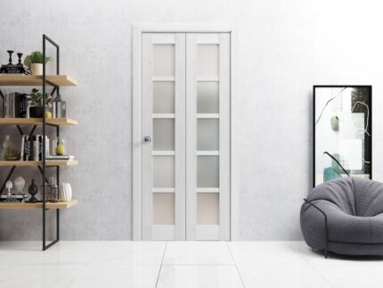 Sliding Closet Bi-fold Doors | Quadro 4002 Nordic White with Frosted Glass | Sturdy Tracks Moldings Trims Hardware Set | Wood Solid Bedroom Wardrobe Doors