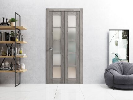 Sliding Closet Bi-fold Doors | Quadro 4002 Nebraska Grey with Frosted Glass | Sturdy Tracks Moldings Trims Hardware Set | Wood Solid Bedroom Wardrobe Doors